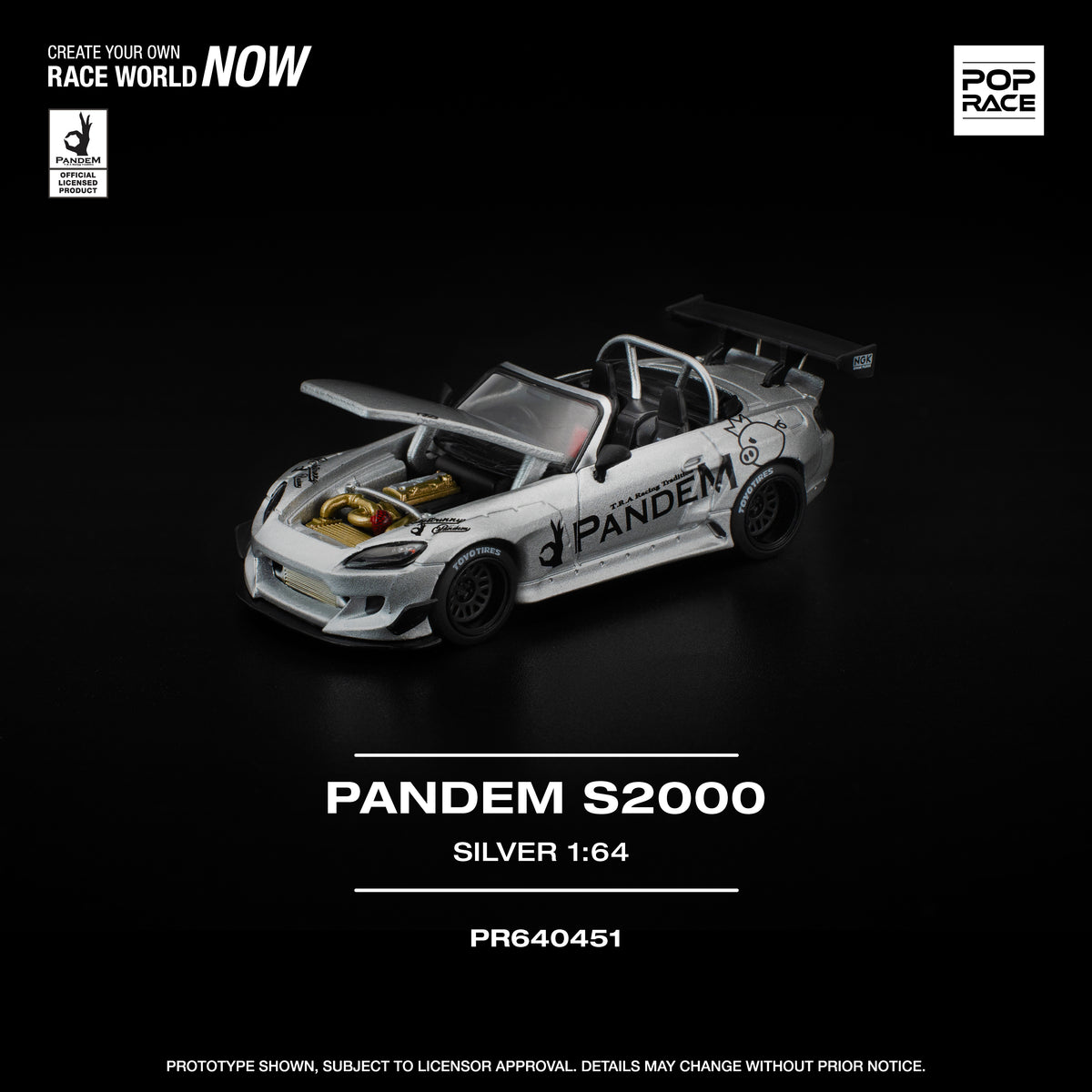 POP RACE PR64-451 Pandem Honda S2000 Silver 1:64 scale