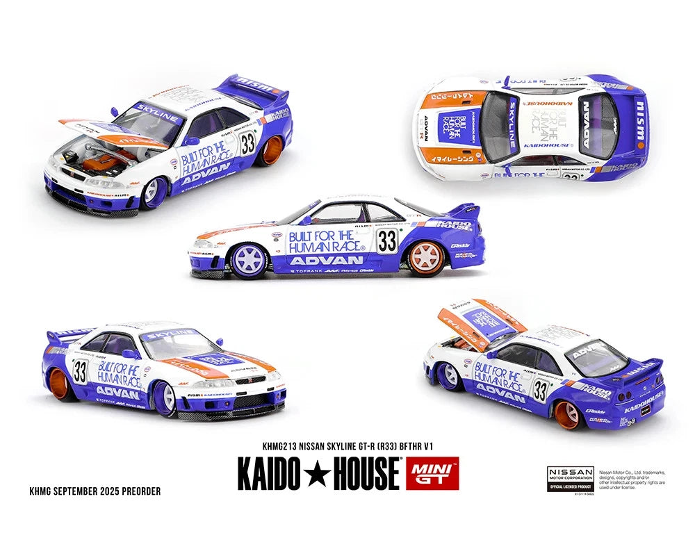 KAIDO HOUSE x MINI GT NISSAN SKYLINE GT-R R33 BFTHR V1 1/64 BLUE WHITE KHMG213