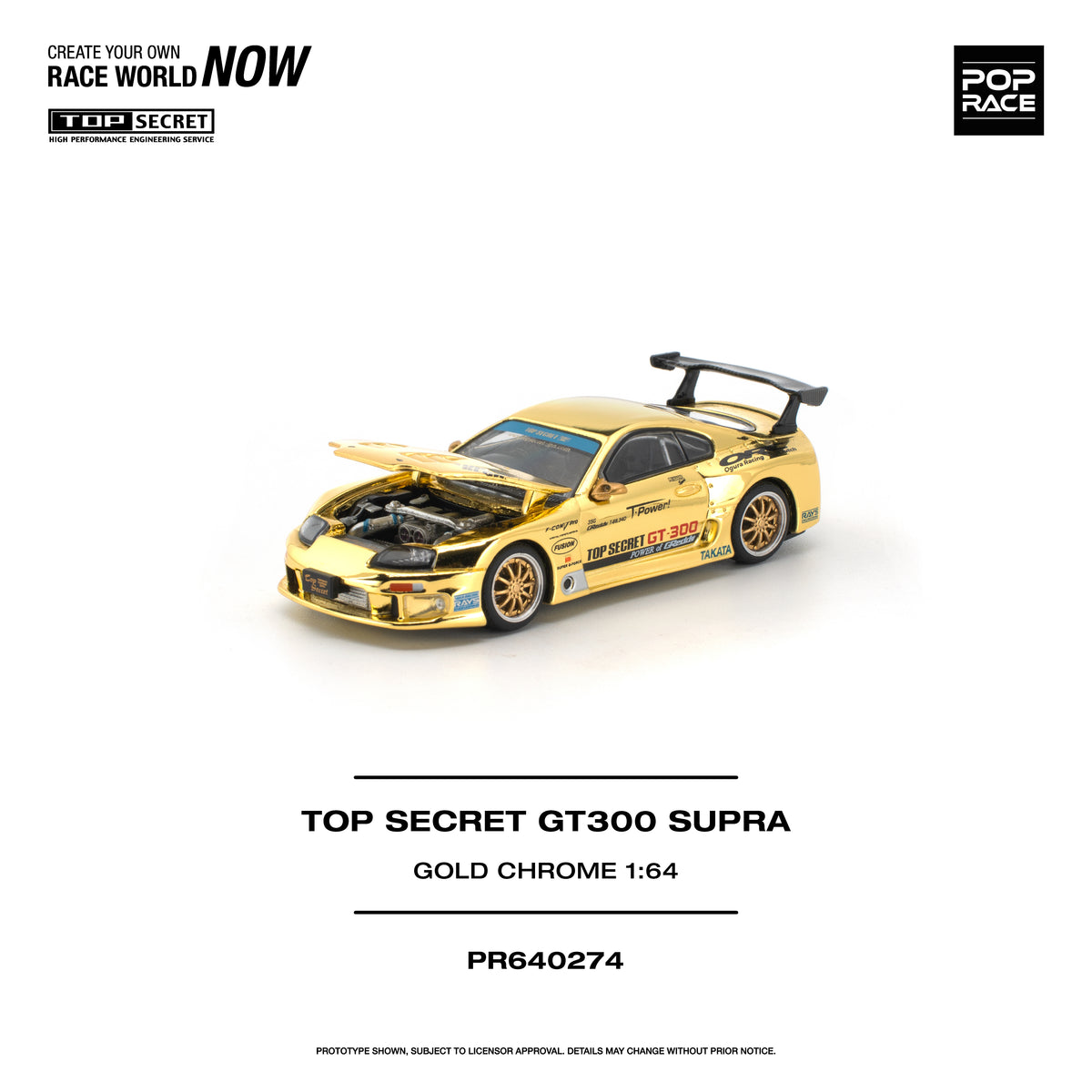 POP RACE PR64-274 Top Secret GT300 Toyota Supra Gold Chrome 1:64 scale