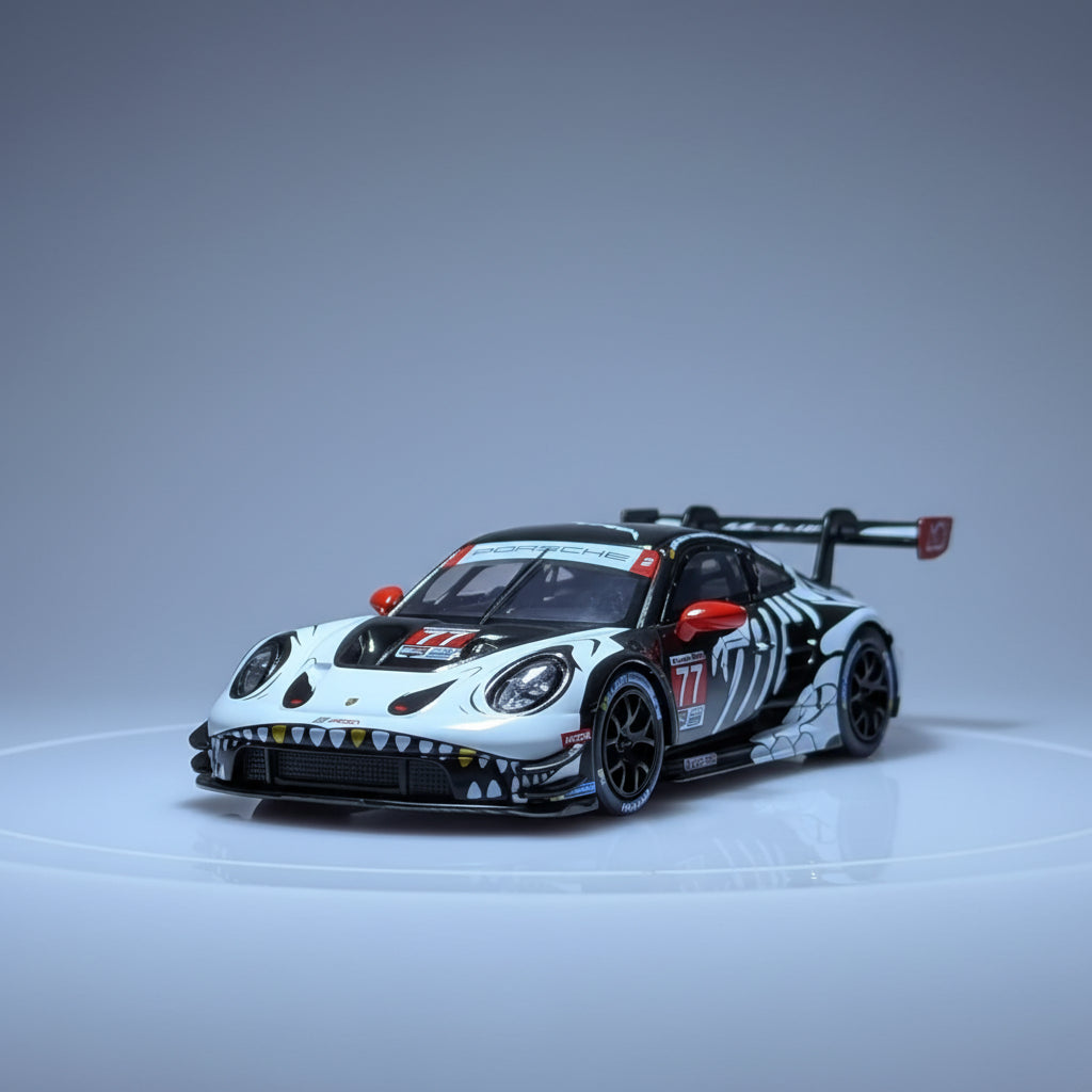 Mega Gear Custom Flat Bed Tow Truck Dino Skeleton & Mini GT Porsche 911 GT3R #77 AO Racing IMSA 1143