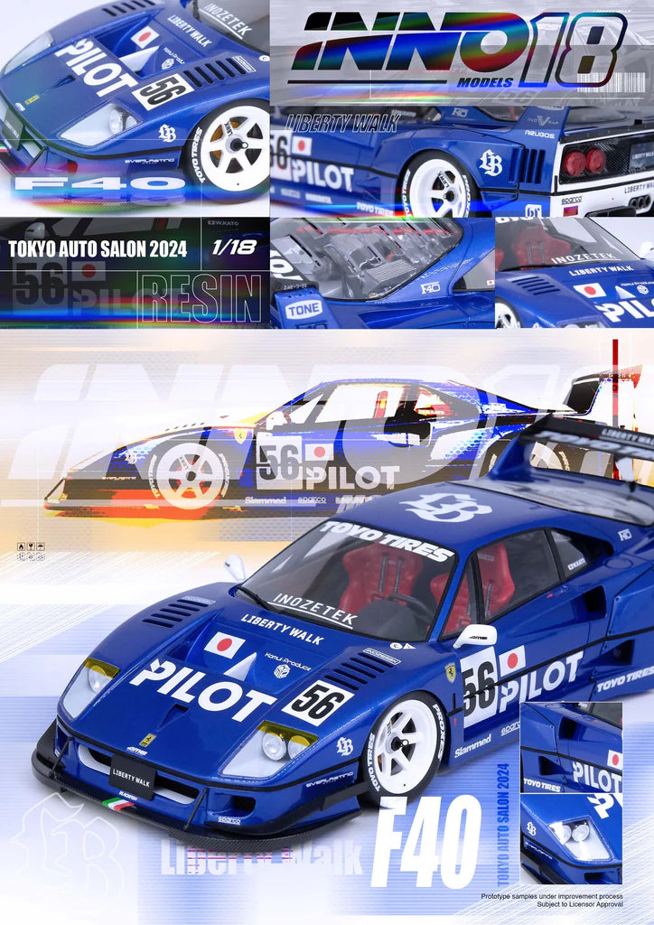 Ferrari F40 LBWK INNO18 Blue Tokyo Auto Salon 2024 -- INNO18 1:18
