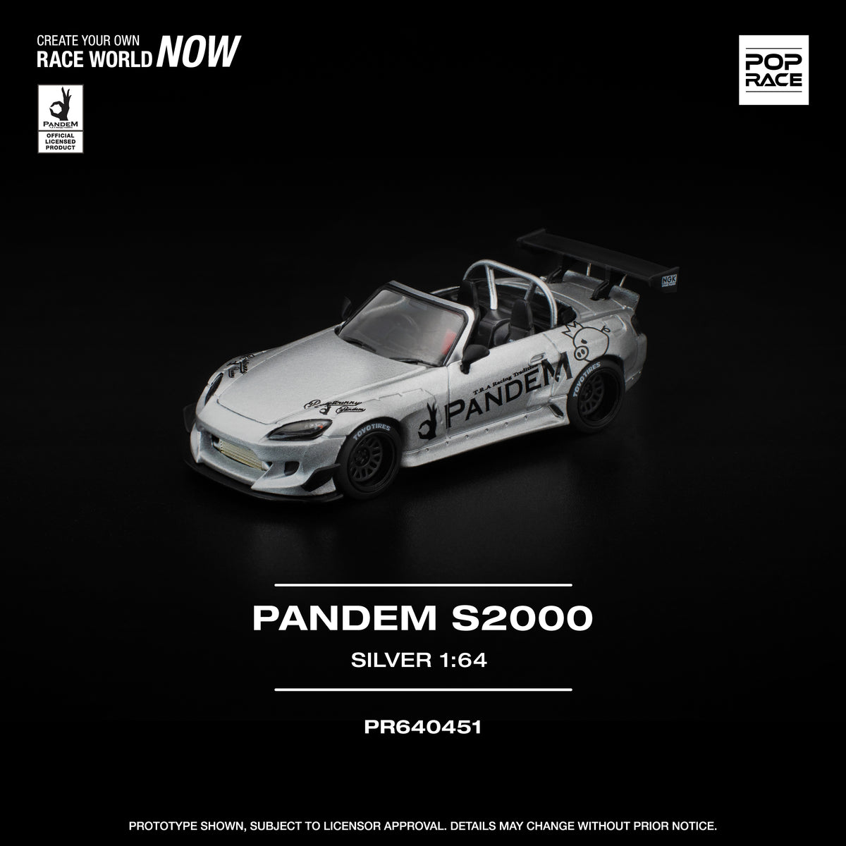 POP RACE PR64-451 Pandem Honda S2000 Silver 1:64 scale