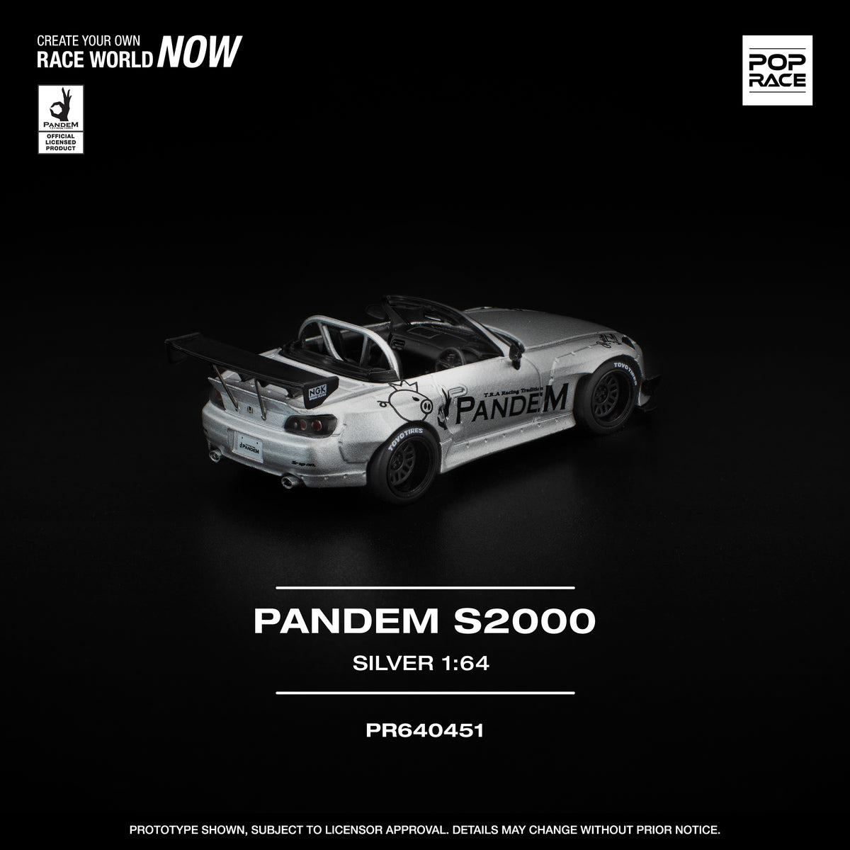 POP RACE PR64-451 Pandem Honda S2000 Silver 1:64 scale