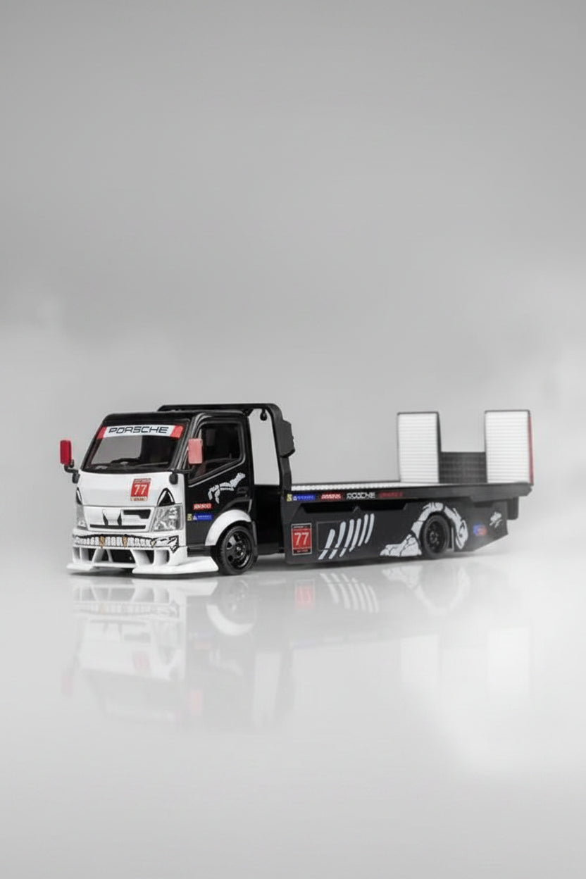 Mega Gear Custom Flat Bed Tow Truck Dino Skeleton & Mini GT Porsche 911 GT3R #77 AO Racing IMSA 1143