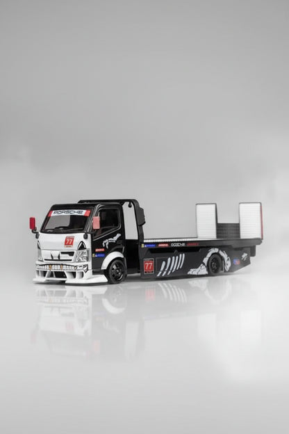Mega Gear Custom Flat Bed Tow Truck Dino Skeleton & Mini GT Porsche 911 GT3R #77 AO Racing IMSA 1143