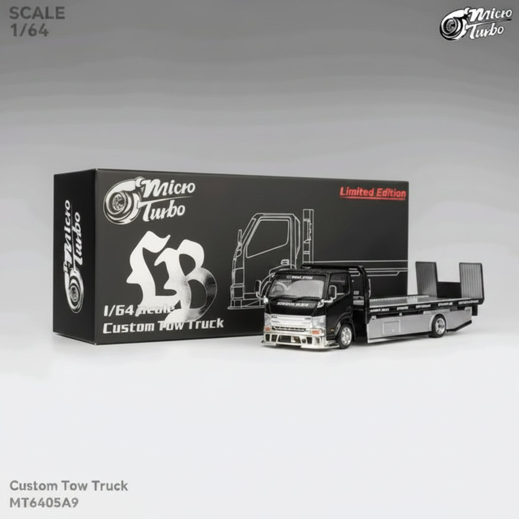 Micro Turbo LBWK Custom Flat Bed Tow Truck Black Chrome Liberty Walk 1/64
