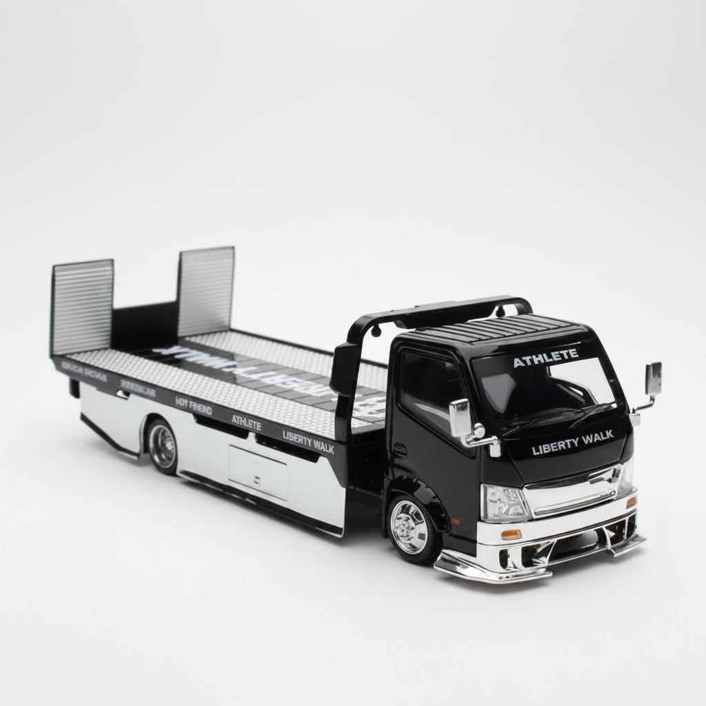 Micro Turbo LBWK Custom Flat Bed Tow Truck Black Chrome Liberty Walk 1/64