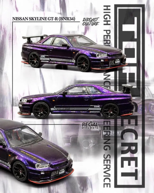 Top Secret Nissan Skyline GT-R BNR34 Midnight Purple Open Bonnet (2026 WTAC Edition) [Individual numbered] 1:64 scale