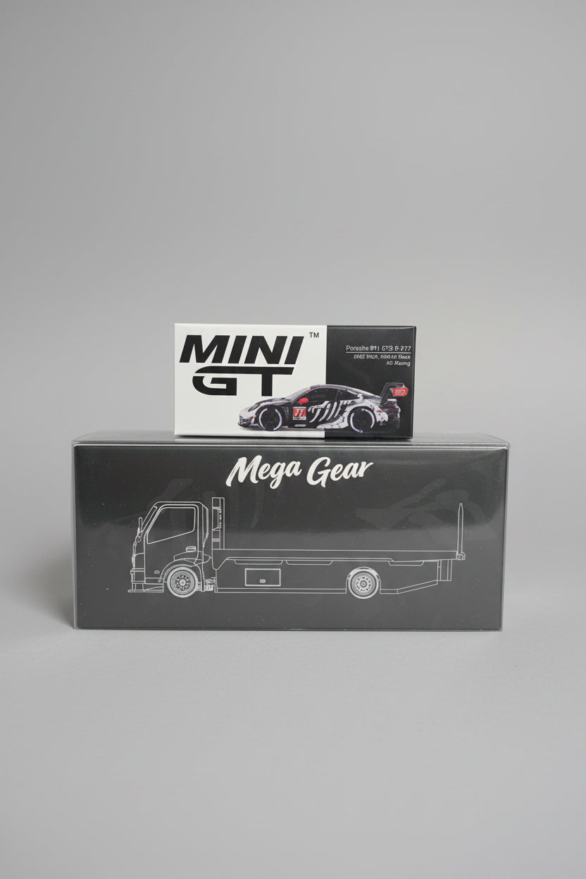 Mega Gear Custom Flat Bed Tow Truck Dino Skeleton & Mini GT Porsche 911 GT3R #77 AO Racing IMSA 1143
