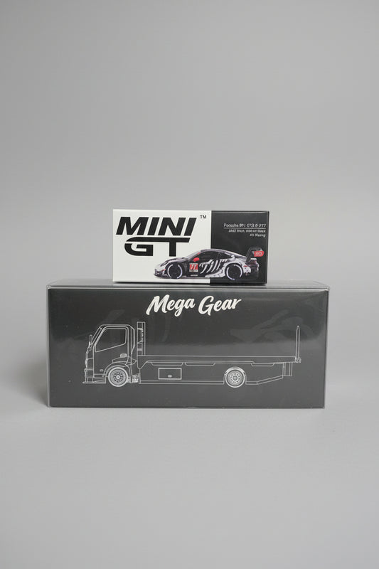Mega Gear Custom Flat Bed Tow Truck Dino Skeleton & Mini GT Porsche 911 GT3R #77 AO Racing IMSA 1143