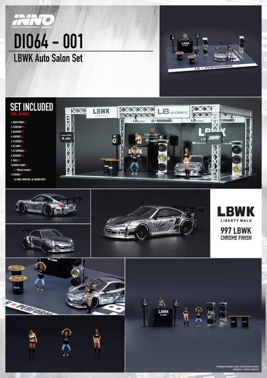 INNO Models LBWK Auto Salon Set + Porsche 997 LBWK Chrome Finish 1:64 scale
